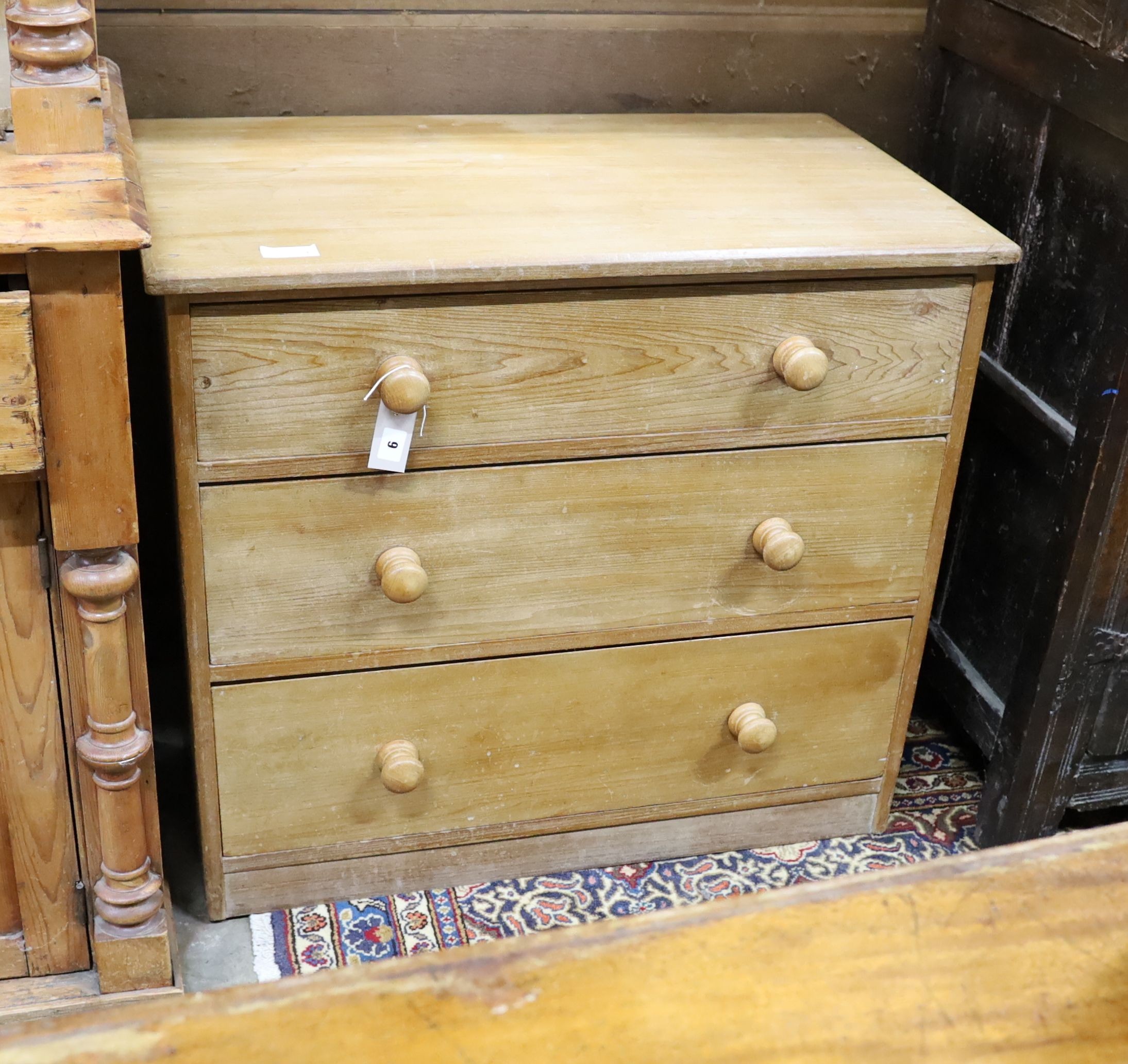 An early 20th century pine three drawer chest, width 86cm, depth 50cm, height 77cm